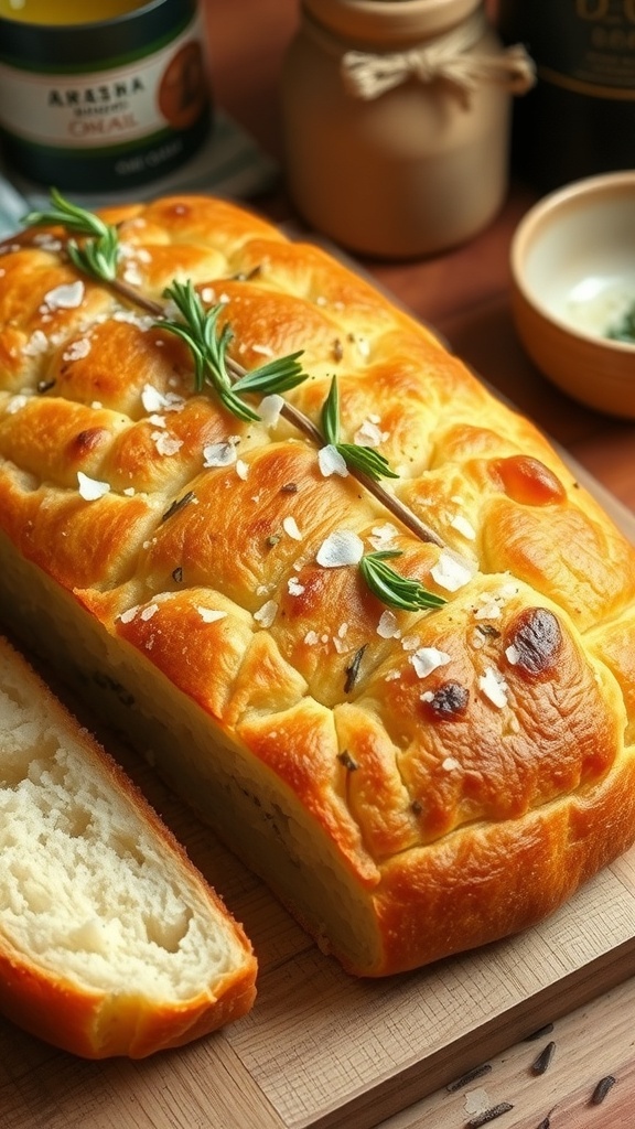 Golden brown focaccia bread topped with rosemary and sea salt, served with olive oil for dipping.
